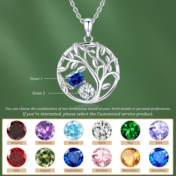 Tree of Life Birthstone Necklace for Women 925 Sterling Silver Birthstone Pendant 12 Months Necklaces with Zircon Birthday Gifts for Women, Mom, Grandma Cable Chain 18"+2"