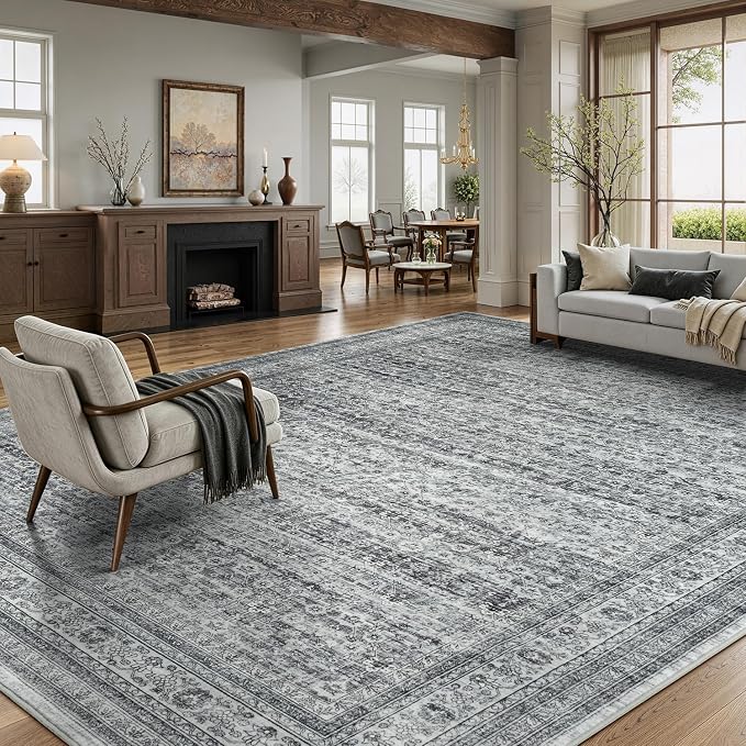 9x12 Washable Area Rugs for Living Room Bedroom, Non-Slip Large Rugs | Vintage Distressed Retro; Low Pile; Stain Resistant; Neutral Boho Carpet for Dining Room, Nursery, Home Office; Foggy Grey