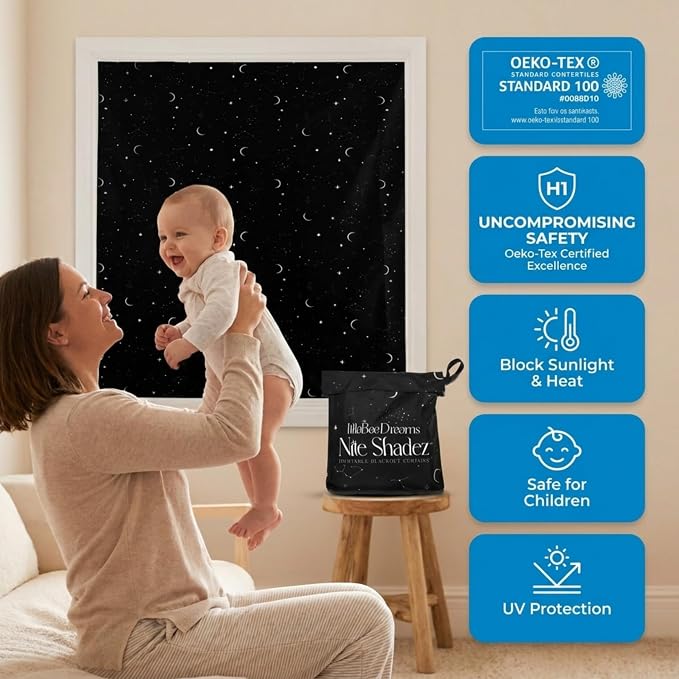 Portable Blackout Curtains (60" x 80") - Travel Blackout Curtains for Baby Nursery w/Stars - Portable Blackout Shades w/UV & Thermal Protection - 20 Stick on Suctions & Velcro Blackout Window Cover