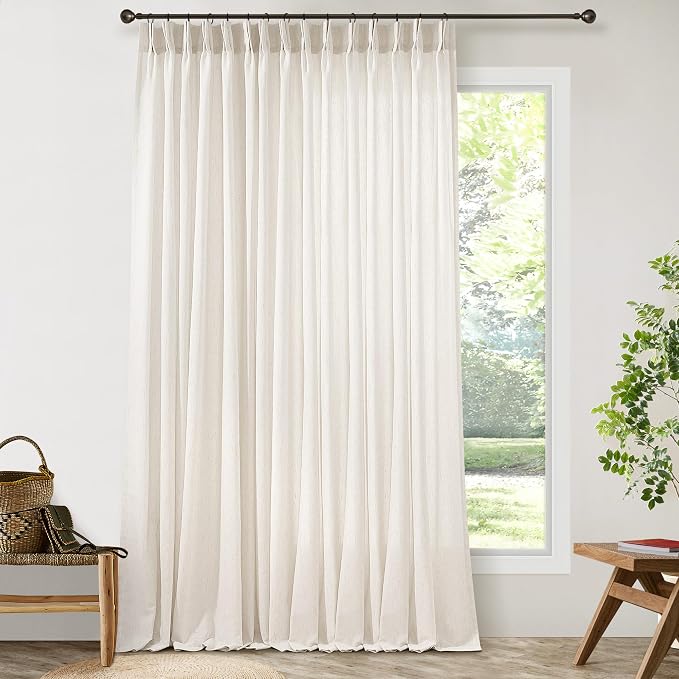 Pinch Pleat Linen Sheer Curtains 90 Inches Long 100 Inch Wide Cream | Ivory, Light Filtering, Pleated Drapes, for Living Dining Room Patio Sliding Door, Extra Wide, 100 x 90 Curtain, Back Tab