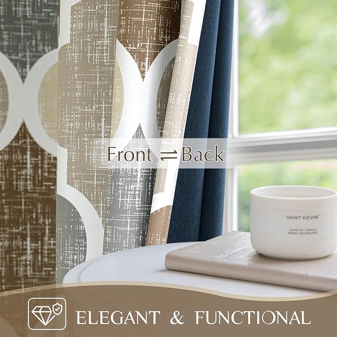 Beauoop Moroccan 100% Blackout Curtains Bedroom Brown Grey 50x90 2 Panels | Geometric Room Darkening Drapes for Living Room 90 Inch Long Thermal Insulated Soundproof Lattice Window Treatment Grommet