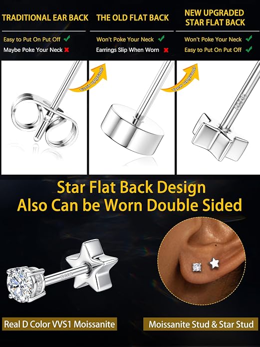Moissanite Earrings Studs - 925 Sterling Silver Earrings for Women Men 14K Gold Plated Double Sided Star Flat Back Stud Earring Hypoallergenic Small Cartilage Helix Piercing Jewelry D Color VVS1