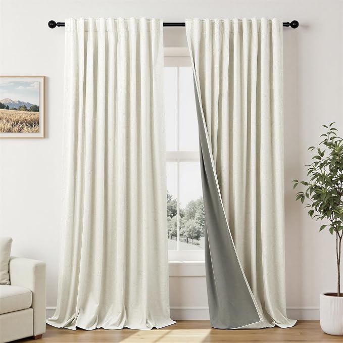 Cream Linen Black Out Curtains 70 Inches Extra Wide for Living Room 2 Panels Back Tab Pocket Pleated Ivory Blackout Bedroom for 72 Inches Window Curtain 84 Inch Long Thermal Room Darkening Heavy Drape