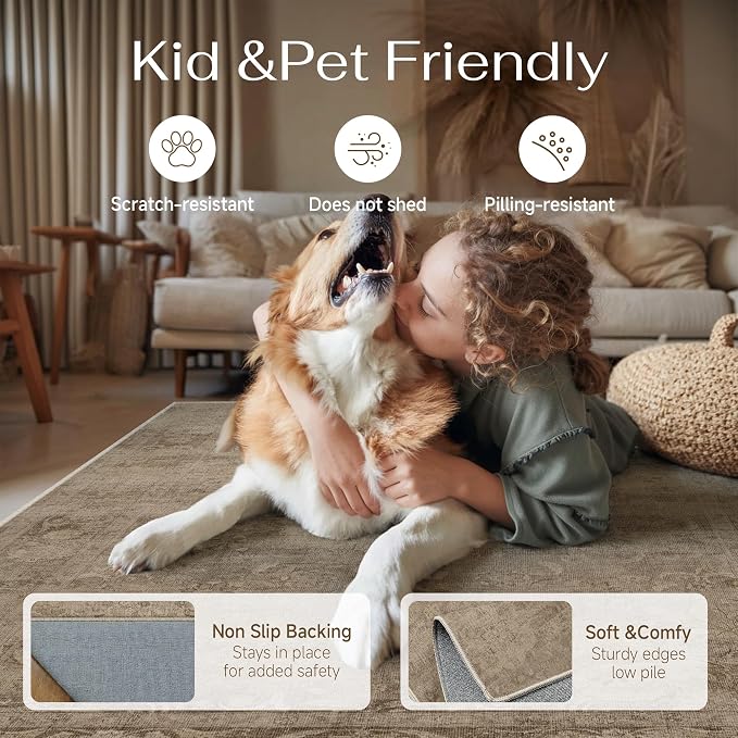 PureCozy Brown Area Rug 9x12 Washable Vintage Living Room Bedroom Carpet Non Slip Soft Low Pile Distressed Medallion Indoor Floor Retro Throw Large Rug for Dining Room Office