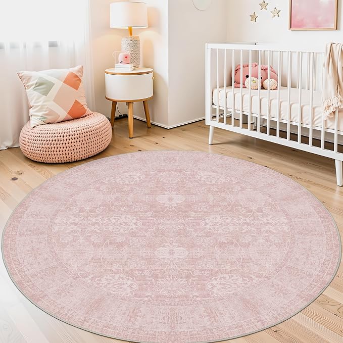 Round 4Ft Washable Area Rug, Pink | Vintage, Non Slip Boho Carpet, Non-Shedding Circle Rug, Soft Indoor Stain Resistant, Floral Print