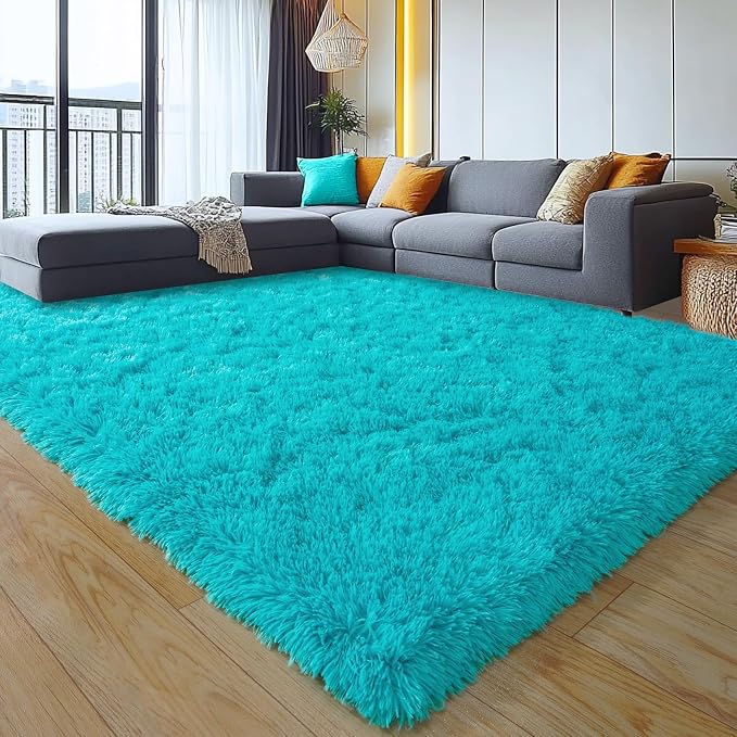 9x12 Large Area Rugs for Living Room, Teal Blue Fluffy Shag Rug | Bedroom and Nursery, Soft and Comfy, Big Fuzzy Carpet for Kids, Girls Room Dorm Home Decor Aesthetic, Upgrade Non Slip