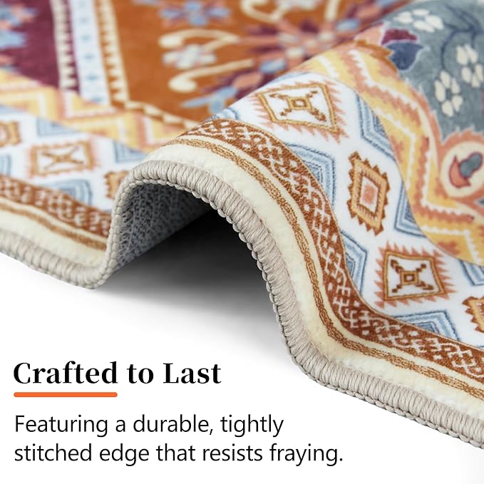 3x5 Washable Rug, Soft Non-Slip Boho Moroccan Rug, Low-Pile Printed Indoor Throw Rugs for Entryway, Kitchen, Bedroom Bedside, Entrance- Multi | Low-Pile Printed Indoor Throw Rugs for Entryway, Kitchen, Bedroom Bedside, Entrance