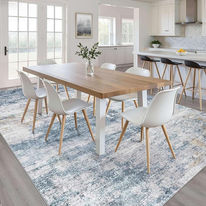 8x10 Area Rugs Living Room: Washable Large Neutral Rug Abstract Soft Modern Stain Resistant Indoor Floor Non-Slip Carpet for Bedroom Nursery Kids Office Playroom Dining Room Under Table- Blue Gold