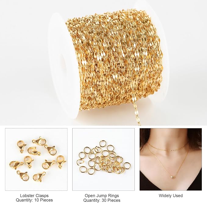 Kyutong 32.8 Feet Thin Stainless Steel Lip Chain Roll Gold Chain for Jewelry Making for Necklace Choker Bracelet DIY Jewelry Craft Supplies