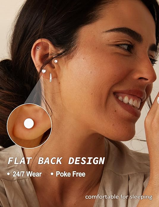 Hypoallergenic Gold Stud Earrings for Women - 14k Gold Plated Surgical Stainless Steel Flat back Earrings Set Small Huggie Hoop Flatback Earring for Sensitive Ears Screw Back Cartilage Piercing Jewelry