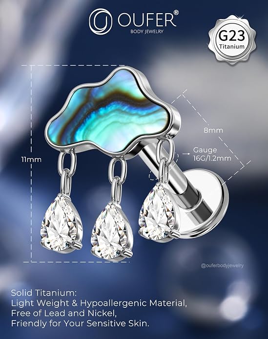 OUFER Body Piercing Titanium Cloud Helix Piercing Jewelry 16G Dangle Helix Earrings for Women Internally Thread Conch Helix Stud Flat Back Cartilage Earring Studs Surgical Steel Cartilage Jewelry