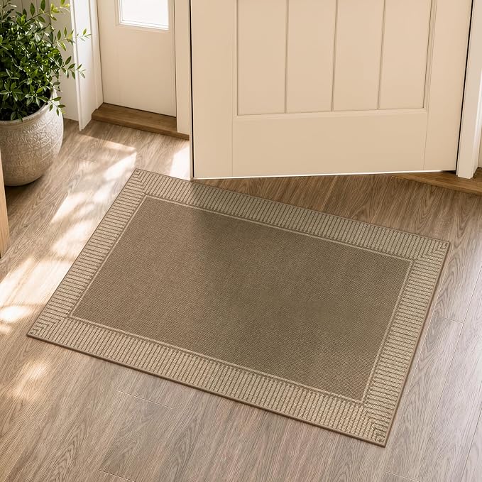 Moynesa Easy Jute Front Door 2x3 Rug, Brown Striped Border Kitchen Mat Non Slip Washable Entryway Throw Rugs, Indoor Outdoor Farmhouse Neutral Doormat Carpets for Bathroom Doorway Porch Foyer