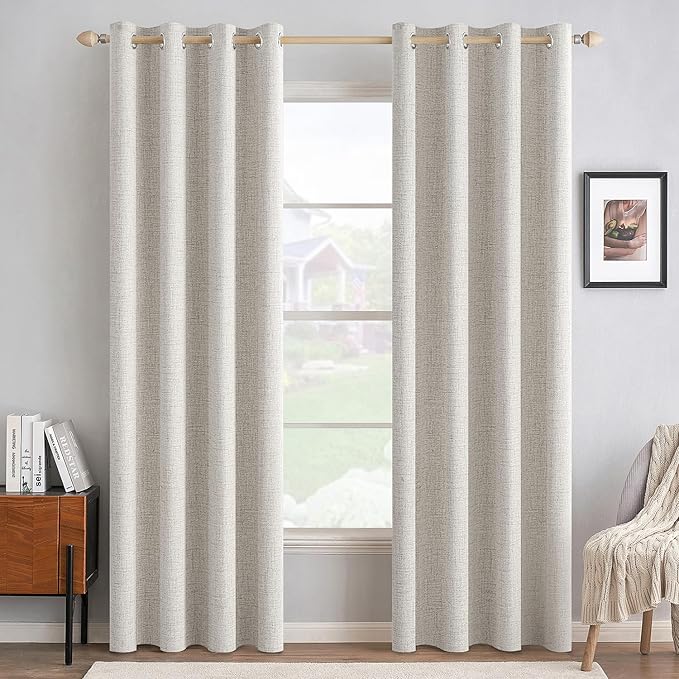 MIULEE 90 Inches Linen Textured Curtains for Bedroom 100% Blackout Thermal Insulated Cream White Grommet Room Darkening Curtains & Drapes Luxury Decor for Living Room 52 x 90 Inch (2 Panels)