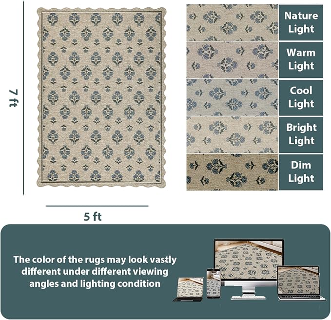 ORTIGIA Scalloped Easy Jute 5x7 Area Rug Vintage Blue Block Floral Farmhouse Washable Rug Non-Slip Indoor Outdoor Carpet for Living Room Bedroom Patio Entryway