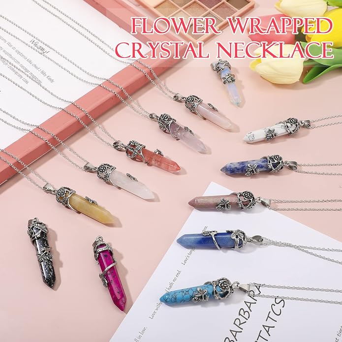 Jexine 24 Pcs Healing Crystal Necklace Christmas Gift Bulk Hexagonal Healing Flower Wrapped Crystal Point Pendant Necklace Natural Quartz Point Pendants with Chain for Women Christmas