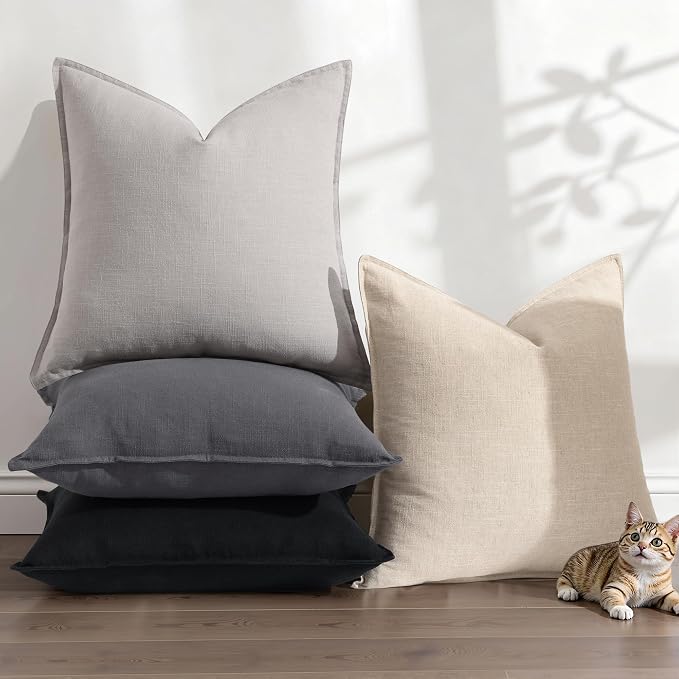decorUhome Fall Black Linen Throw Pillow Covers 16x16 Set of 2 | Decorative Soft Cozy Modern Farmhouse Boho Accent Pillow Cases with Flange Edges for Couch Bed Sofa Living Room Home Decor