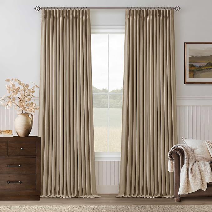 Light Brown Linen Blackout 120 Inch Curtains for Living Room 2 Panels Set | Pinch Pleated Back Tab Drapes, Thermal Insulated Full Black Out, Noise Reducing, W40xL120 Curtains for High Ceiling to Floor