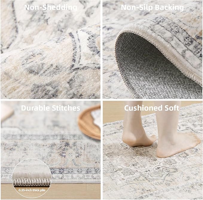 Machine Washable Runners Rug for Hallway: 2'6"x8' Kitchen Runner Rugs with Rubber Backing Non Slip Low Pile Soft Faux Wool Boho Floor Rug Carpet Runners for Hallways Entryway Bedroom Kitchen Farmhouse