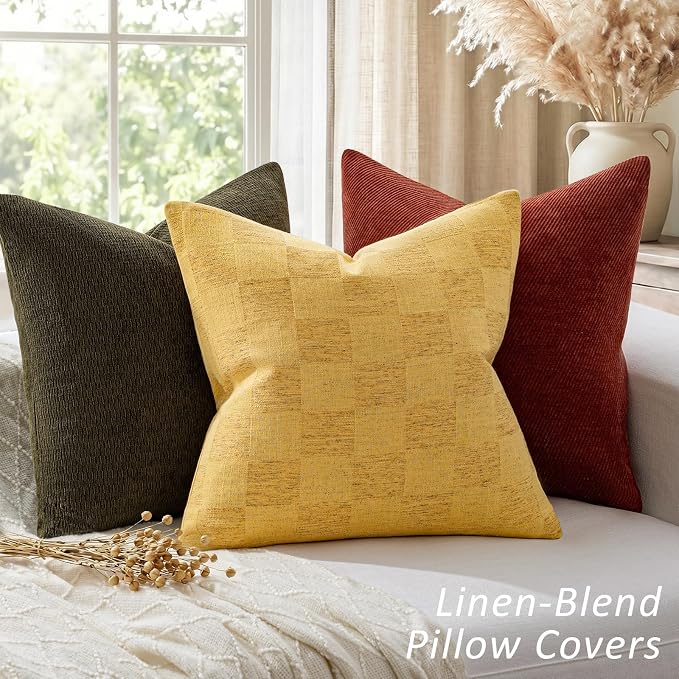 a moment Set of 2 Decorative Linen Throw Pillow Covers,Large Grid Textured Neutral Boho Farmhouse Cushion Covers,Soft Aesthetic Pillowcases for Couch Sofa Living Room Home Decor,18x18 Inch,Yellow