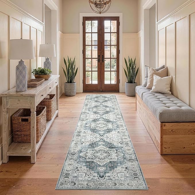 Lessymo Washable Long Runner Rug for Hallway, 2 x 10 Entryway Rugs Boho Faux Wool Low Pile Rug for Kitchen, Floral Medallion Vintage Rugs with Non-Slip Rubber, Blue Grey/Beige