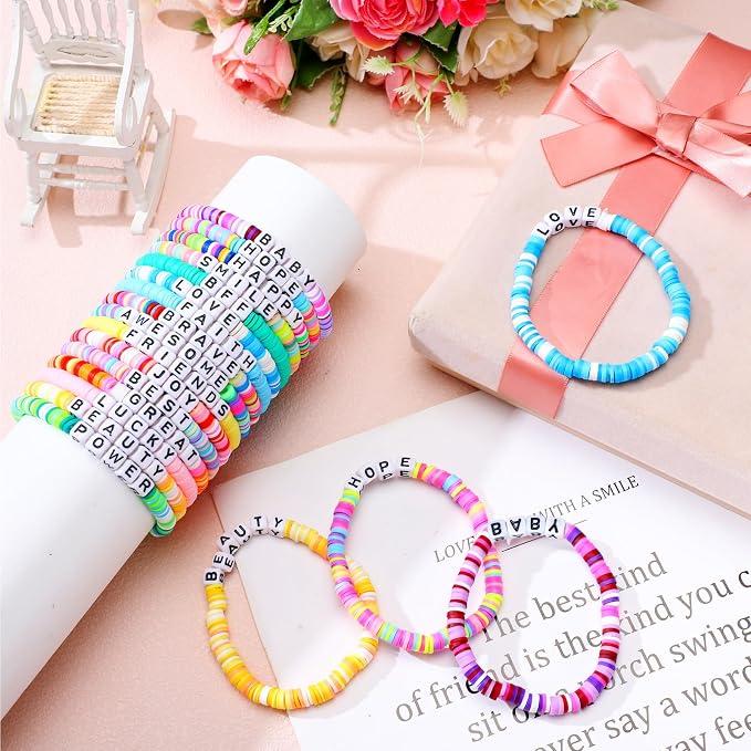 Landical 64 Pcs Friendship Bracelets Bulk Women Beaded Heishi Surfer Inspirational Stackable Party Favor Bracelet Pack Vinyl Beaded for Goody Bag Fillers Party Favors Gifts Valentine