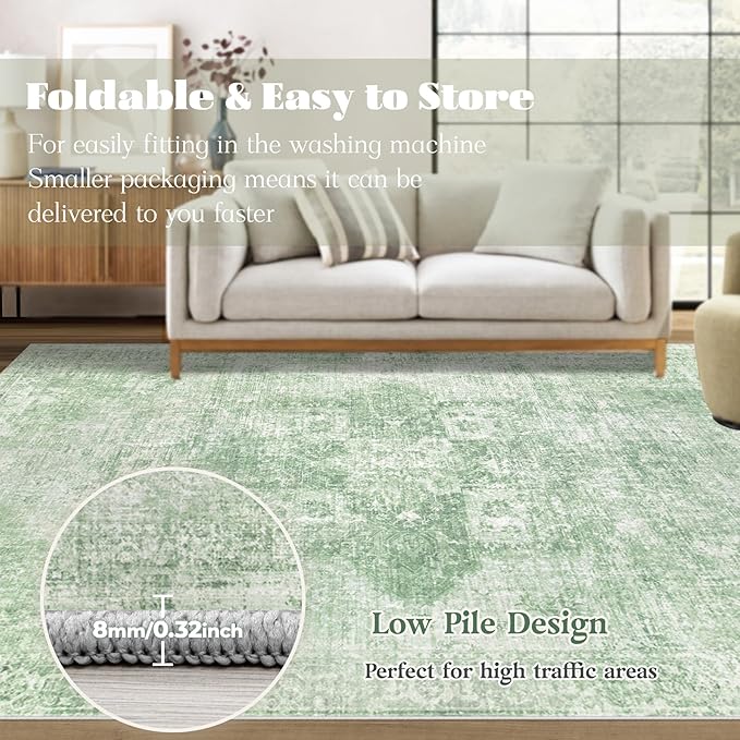 Area Rug 10x14 Washable Rug, Vintage Boho Medallion Rugs Non-Slip Soft Low Pile Large Distressed Rug Indoor Retro Carpet for Living Room Bedroom Dining Room Home Office (SageGreen, 10'x14')