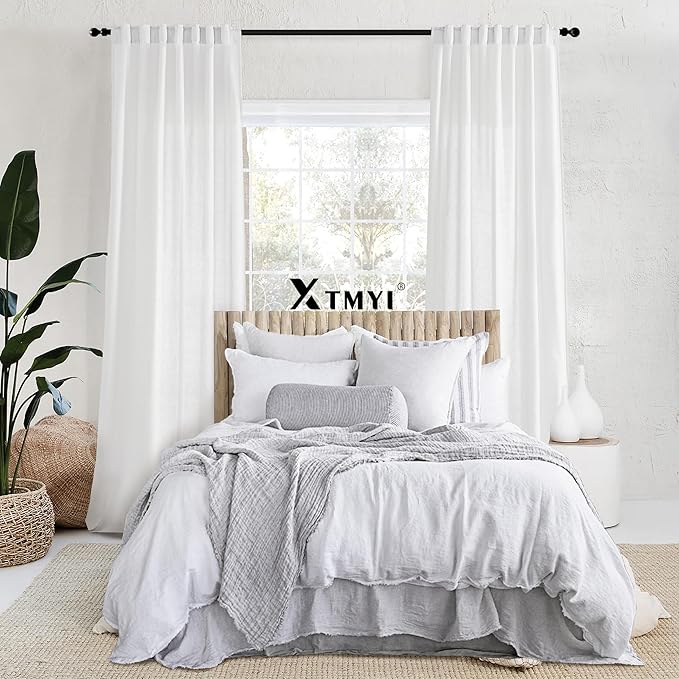 XTMYI White Curtains 84 Inches Long,Linen Semi Sheer Boho Light Filtering Textured Farmhouse Cotton Curtains for Bedroom Living Room 2 Panels Set,Back Tab Hooks Pleated