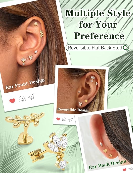 Drperfect 18G Reversible Flat Back Stud Earrings for Women Hypoallergenic Surgical Steel 14K Gold Silver Plated Internal Thread Stud Piercing Jewelry for Tragus Helix Cartilage Conch Piercing