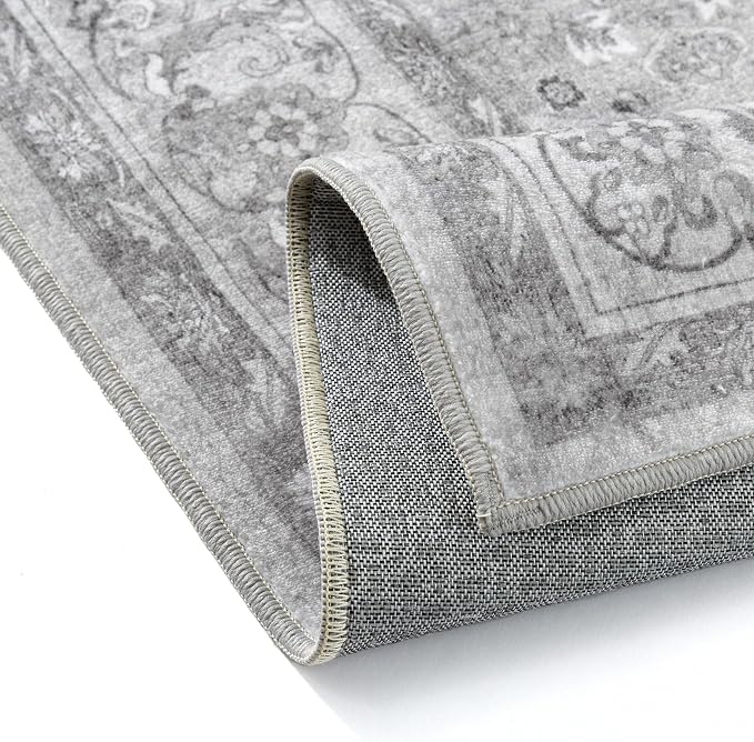 PureCozy Gray 3x5 Area Rug Entryway Washable Vintage Carpet Office Small Indoor Non Slip Soft Low Pile Thin Stain Resistant Distressed Accent Throw Rug for Entrance Bedroom Dining Living Room