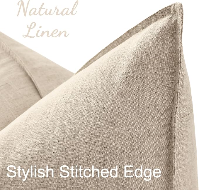 decorUhome Fall Beige Linen Throw Pillow Covers 24x24 Set of 2 | Decorative Soft Cozy Modern Farmhouse Boho Accent Pillow Cases with Flange Edges for Couch Bed Sofa Living Room Home Decor