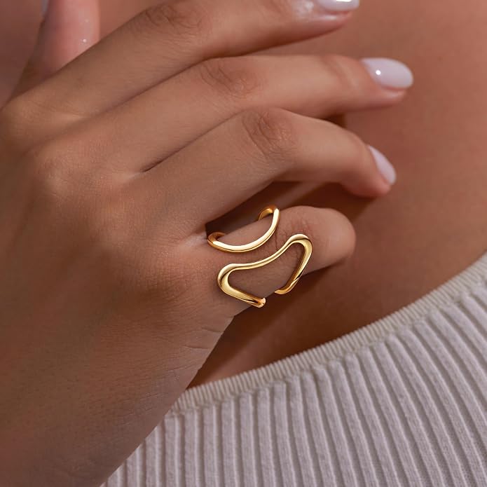 Gelbesty Waterproof Gold Statement Rings for Women, 14K Gold Plated Chunky Open Stackable Rings Non Tarnish Fashion Adjustable Stainless Steel Pinky Knuckle Signet Vintage Ring Jewelry Size 5-11