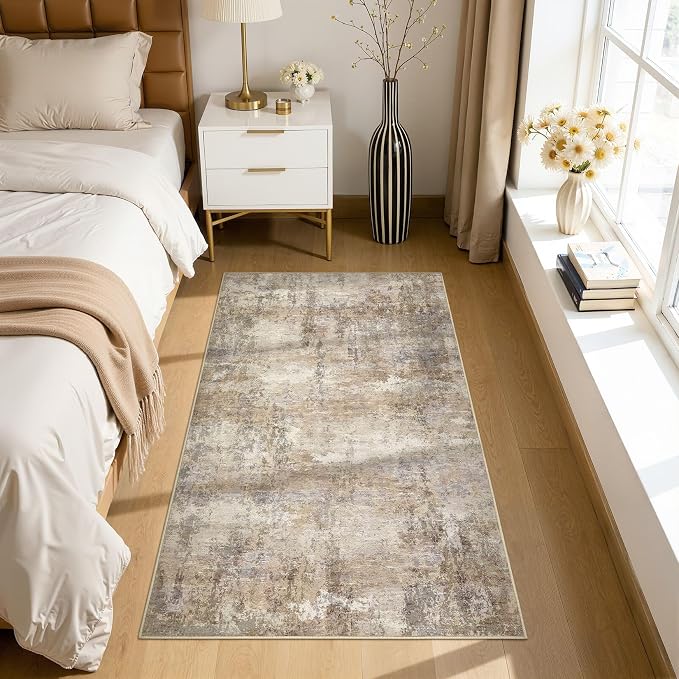 Neutral Washable Area Rug 3x5, Abstract Small Rugs for Entryway | Modern Non Slip Carpet, Stain Resistant Joint-Friendly, Rug for Bedroom, Kitchen, Living Room, Indoor Front Door - Dark Brown