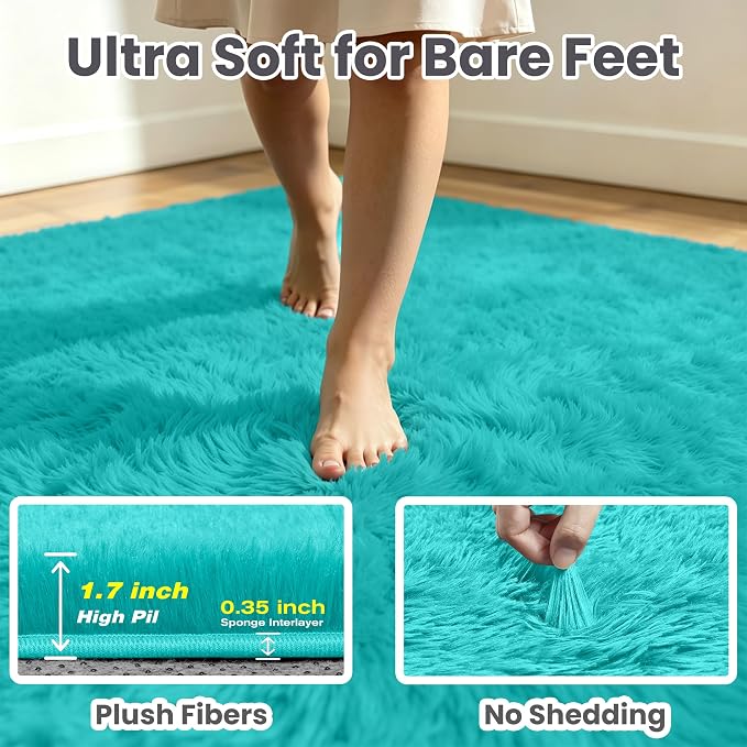 6x9 Area Rug for Living Room, Ultra Soft Fluffy Turquoise Rugs for Bedroom, Non Slip Large Shag Carpet, Fuzzy Plush Nursery Rug, Thick Washable Indoor Floor Carpets for Kids Office Dorm Home Decor