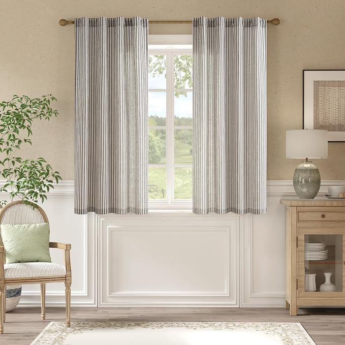 jinchan Linen Curtains 63" Charcoal Grey Stripe on Beige Back Tab 2 Panels | Curtains For Living Room Bedroom,Ticking Stripe, Farmhouse Cottage Core Rustic,Rod Pocket Window Treatment,Light Filtering