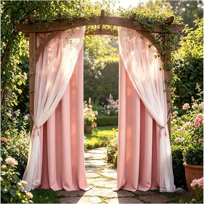 Pink Double Layer Curtains 90 Inch Length- Baby Pink Blackout Curtains with White Sheer Voile for Bedroom, Living Room and Nursery, Girl's Blocking Curtains, 52 x 90 inch