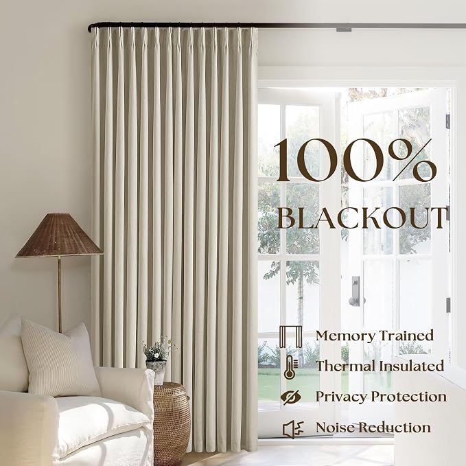 Burlywood Birch 100% Blackout Pinch Pleated Linen Curtains 92 Inches Long | Insulated Thermal Heat Reducing, Memory Shape, for Bedroom Living Room, Taupe Pleated Curtains with Hooks Rings, 2 Panels