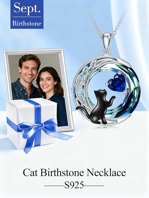 TOUPOP Cat Gifts for Cats Lovers 925 Sterling Silver Black Cat Necklace Celtic Moon Birthstone Jewelry for Women Anniversary Birthday Gift for Her Wife Mom