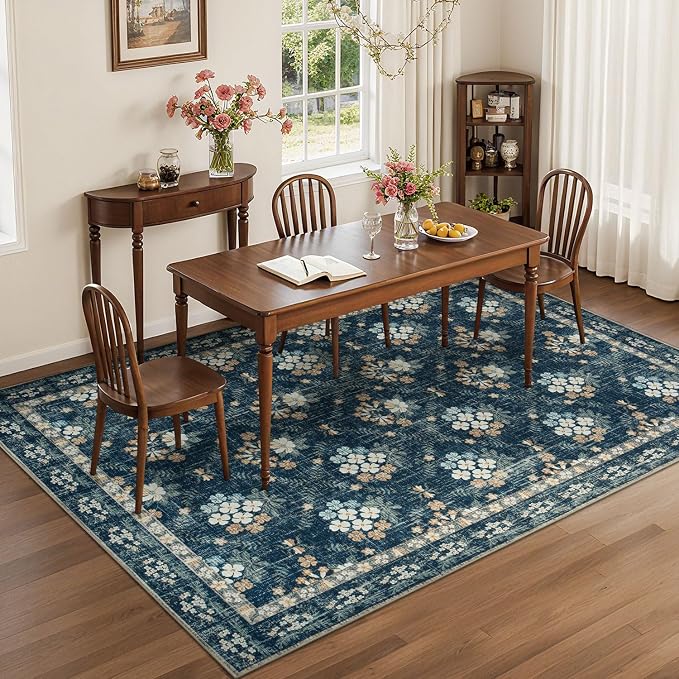 Lessymo Floral Living Room Rug 5x7, Soft Washable Area Rugs for Bed Room Dining Room, Soft Low Pile Carpet with Non Slip Backing Distressed Indoor Boho Carpet, Navy/Beige