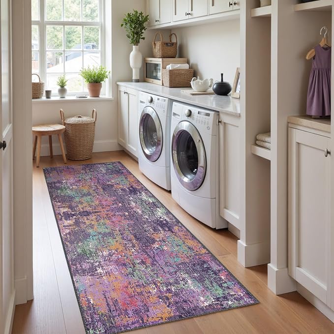 RELEANY Washable Area Rugs 2'x10' Non-Slip Modern Abstract Soft for Living Room Entryway Bedroom Kitchen, Print Pattern, Purple Orange Blue Green Rust Red Colorful