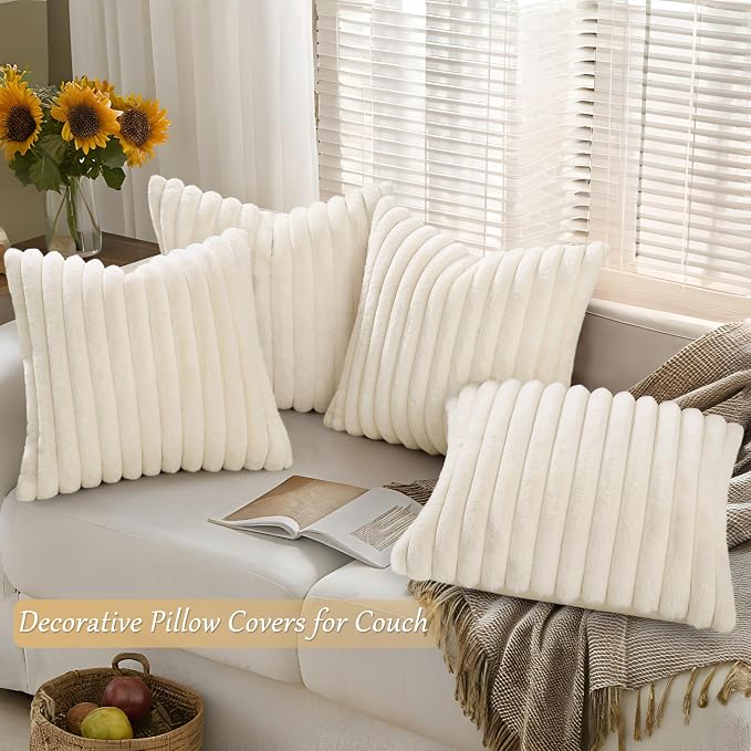 decorUhome Fall Faux Fur Throw Pillow Covers 18x18 Set of 4 Cream White | Decorative Modern Farmhouse Soft Cozy Striped Pillow Cases Velvet Back for Sofa Bed Living Room Classic Accent Home Decor