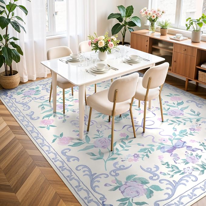 Collive 6x9 Purple Area Rug, Boho Bow and Floral Rugs for Living Room Machine Washable, Soft Ultra-Thin Bow Carpet Non Slip for Girls Room Bedroom Entryway Playroom
