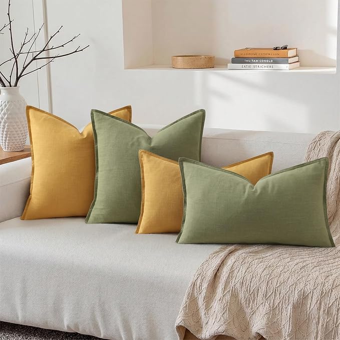 decorUhome Fall Olive Green Linen Throw Pillow Covers 12x20 Set of 2 | Decorative Soft Cozy Modern Farmhouse Boho Accent Pillow Cases with Flange Edges for Couch Bed Sofa Living Room Home Decor