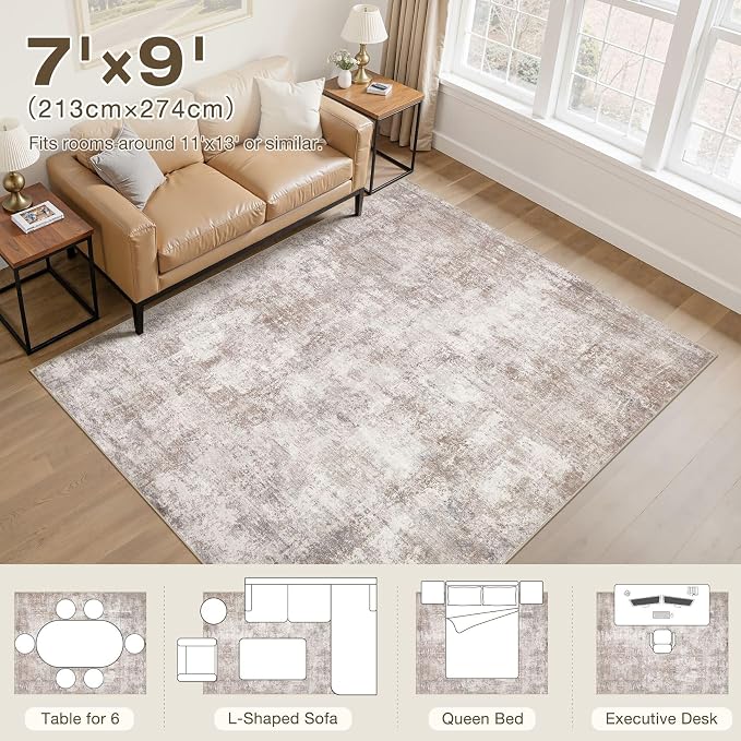 7x9 Area Rug, Non Slip Low Pile Washable Large Rug for Living Room | Soft Modern Abstract Carpet, Stain Resistant Kid & Pet Friendly, Made for Dining Room, Nursery, Home Office Indoor - Brown