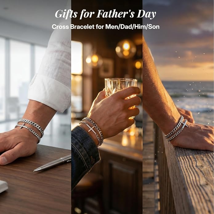 Cross Bracelet for Men, Silver/Gold/Black Mens Cross Bracelets Stack Stainless Steel Cuban Link Chain Bracelet Set Non Tarnish Adjustable Chunky Mens Jewelry Gifts for Men Dad Him Father's Day
