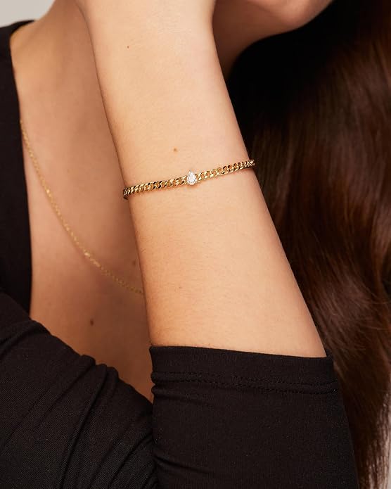 PAVOI 14K Gold Plated Cubic Zirconia Solitaire Diamond Bracelet | Bridesmaid Bracelets | Curb Cable Bracelets for Women