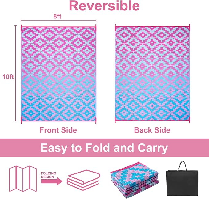 Anidaroel Ombre Camping Rug for Outside RV, 8x10 Waterproof Outdoor Rug for Patio Clearance, Reversible Plastic Straw Outside Area Rug for Camper, Backyard, Picnic(Blue&Purple,8‘x10')