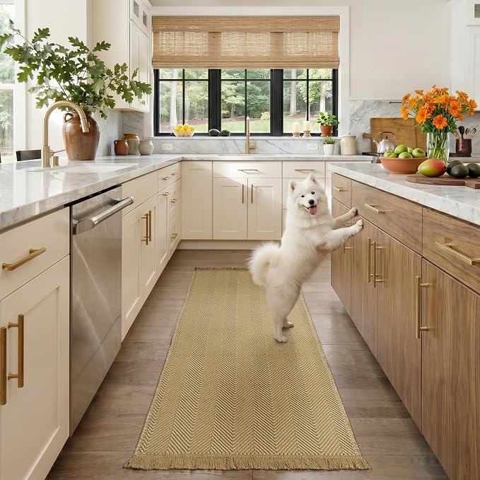 2x4 Washable Boho Runner Area Rug with Tassels for Living Room Yellow Beige | Vacuum Friendly, Machine Washable, Non-Slip Rug, Modern Farmhouse Neutral Decor Carpet, Bathroom Bedroom Kitchen Hallway