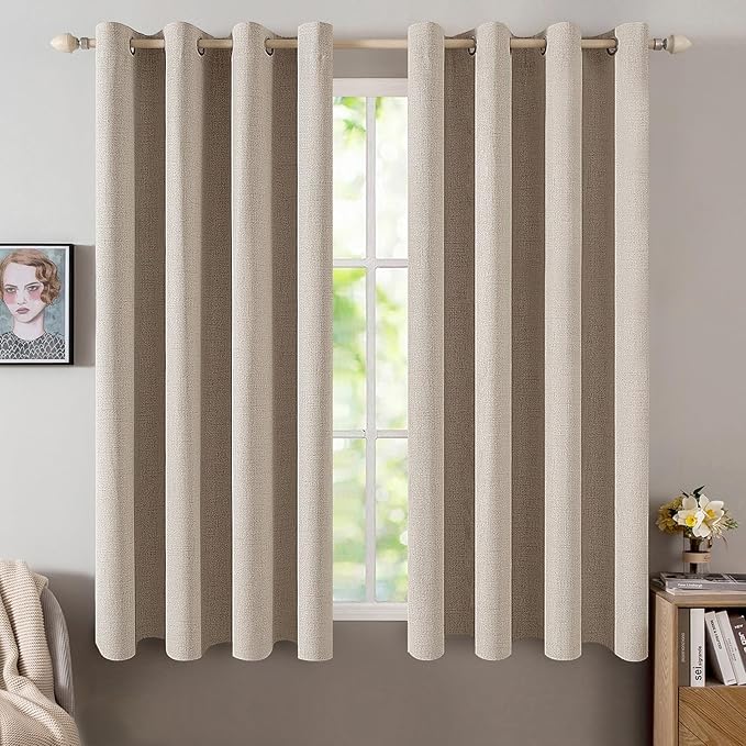 MIULEE Linen Textured Curtains for Bedroom Solid 100% Blackout Thermal Insulated Taupe Grommet Room Darkening Curtains & Drapes Luxury Decor for Living Room 52 x 54 Inch (2 Panels)