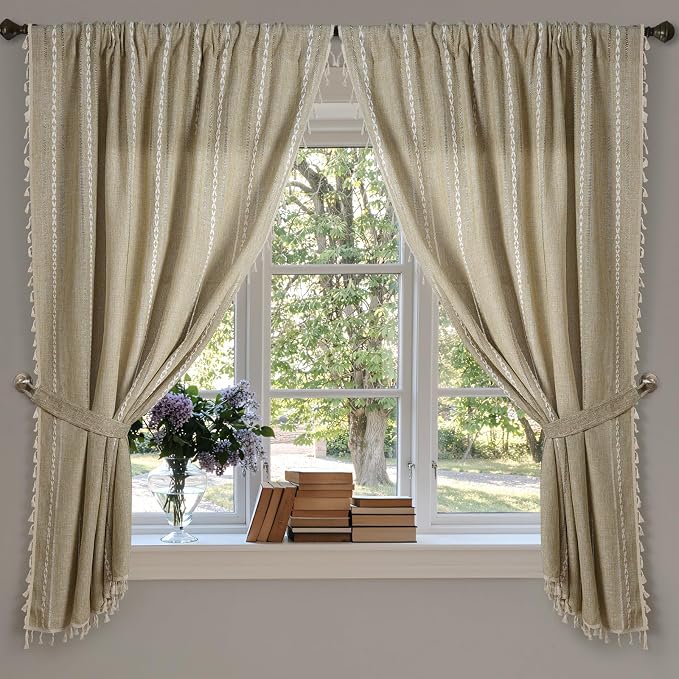ColorBird Boho Curtains Linen-Textured for Living Room Bedroom Natural Brown 63 Inch Length Farmhouse Light Filtering Neutral Embroidered Striped Linen Drapes 2 Panels Window Treatment