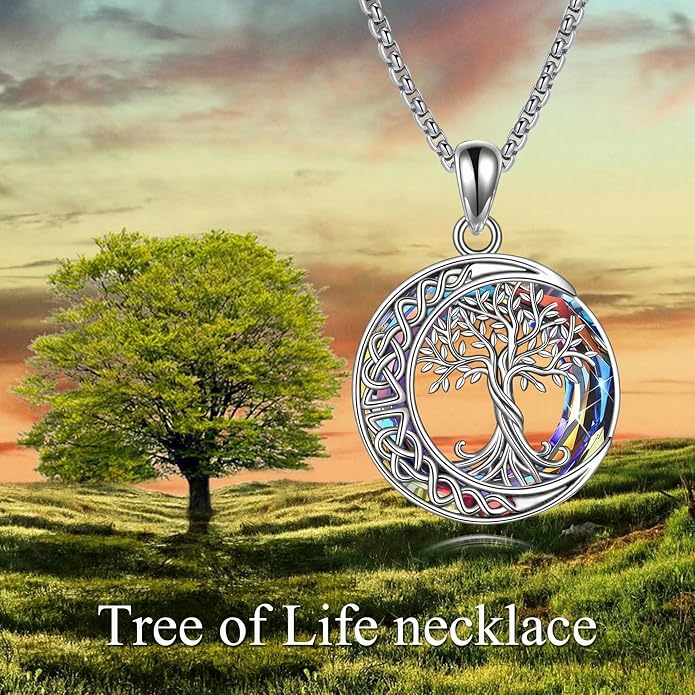 Tree of Life Necklaces S925 Sterling Silver Crystal Tree of Life Pendant Necklace Celtic Knot Moon Tree of Life Jewelry for Women Gifts
